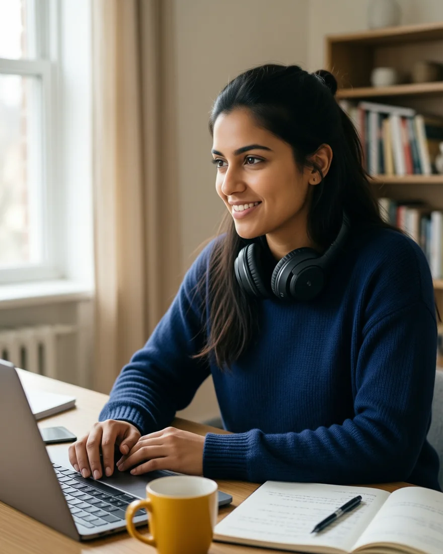 AI-generated image: a test candidate in an indigo sweater at her desk with a laptop and notes, looking toward the headline