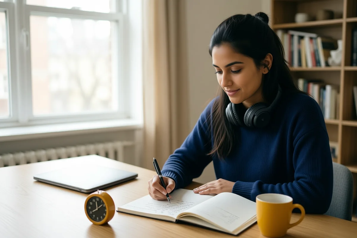 AI-generated image: the same candidate writing an essay by hand with a timer on her desk